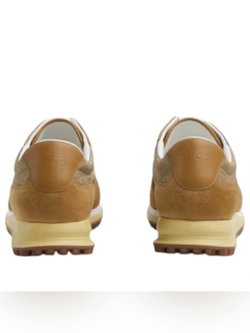 Gucci Men’s Tan Suede & Beige Monogram Sneakers with Green-Red Web Stripe
